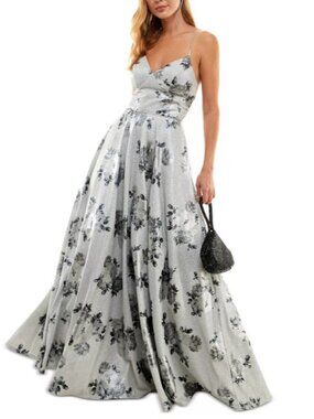 City Studios Juniors' Lace-Up Floral Glitter Gown Silver Charcoal 1